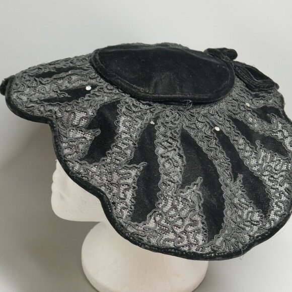 VTG Black Velvet and Lace Hat Rhinestones Wide Brim Saucer Cocktail - Picture 9 of 9